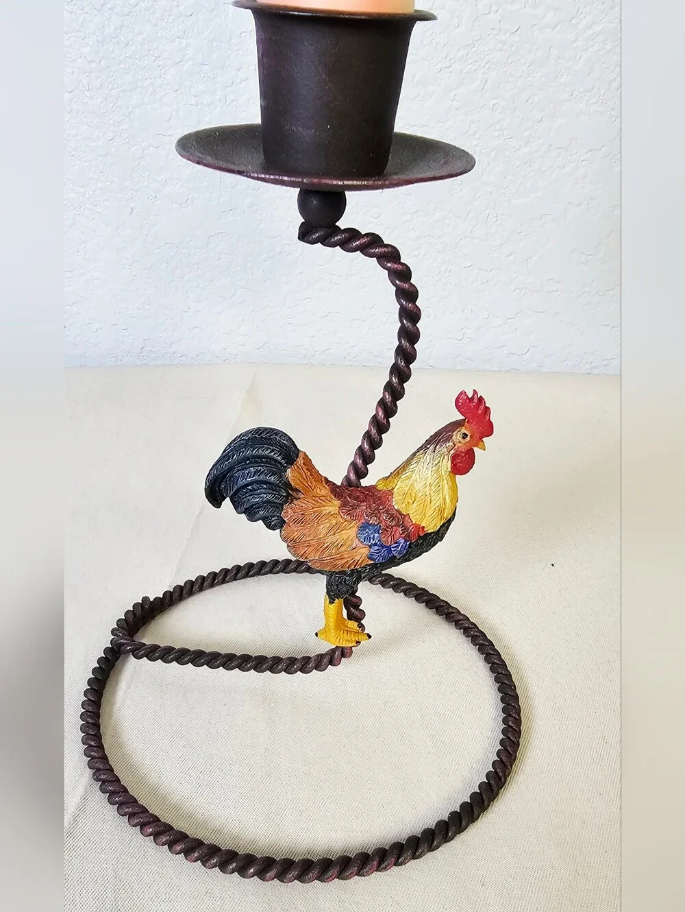 Rustic Rooster Taper Candle Holder Twisted Metal Farmhouse Country Decor 6.5